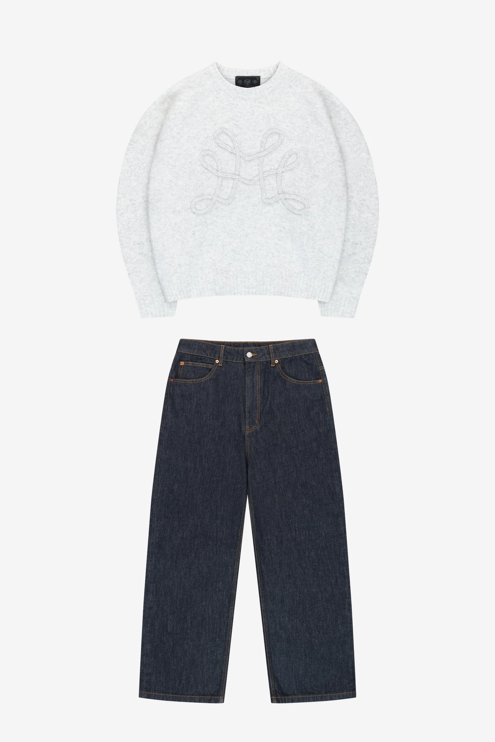 DA BIG M KNIT SWEATER GREY + DA BAGGY DENIM RAW