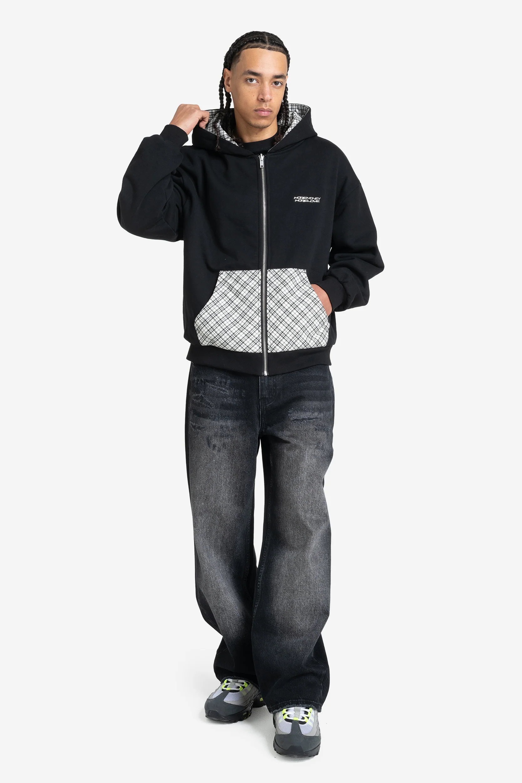 REVERSIBLE PLAID ZIP HOODIE BLACK - Image 3