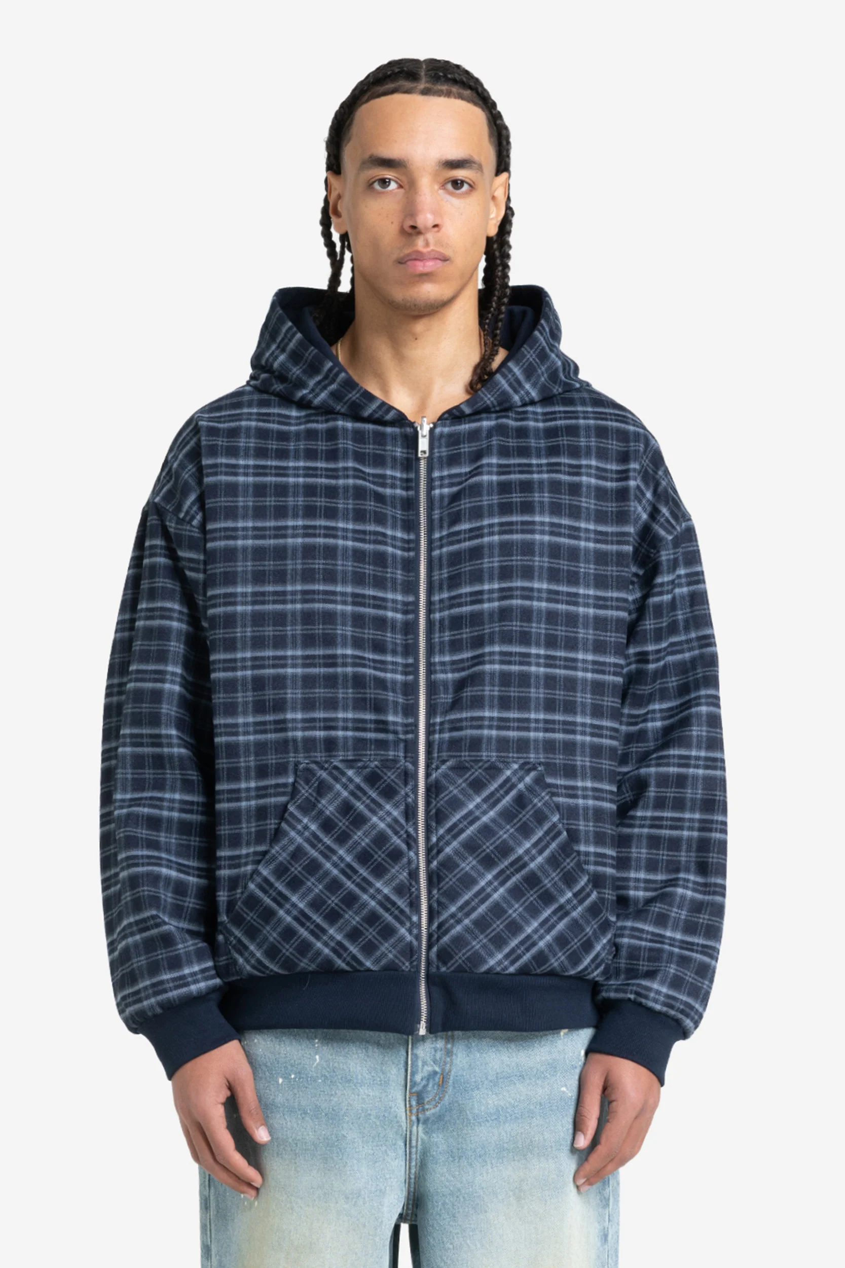 REVERSIBLE PLAID ZIP HOODIE NAVY - Image 4