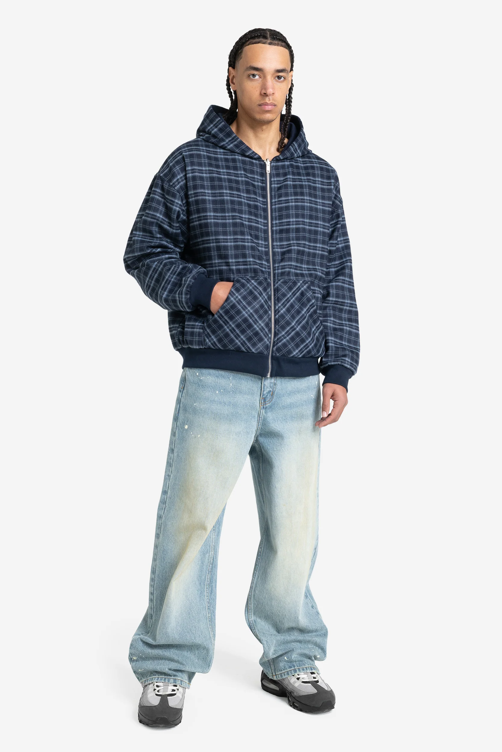 REVERSIBLE PLAID ZIP HOODIE NAVY - Image 5